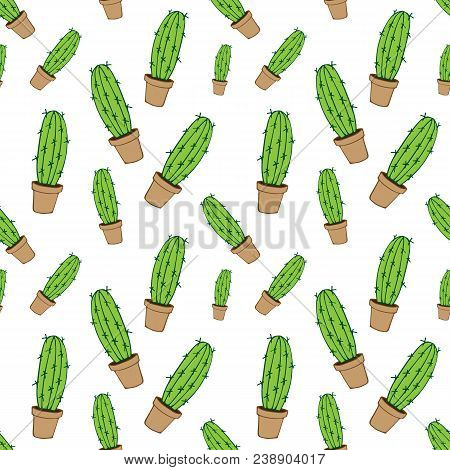 Home Green Cactus In Brown Pot In Doodle Style, Flat Cartoon Colors, Seamless Pattern Isolated On Wh