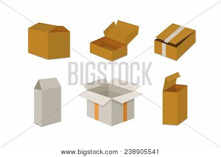 Set Open And Closed Carton Box. Delivery Packaging Vector Illustration