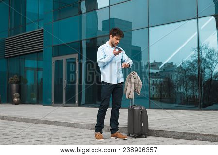 Efficient Work! Smart Handsome Young Man On Business Trip Leaving A Voice Message From His Cell Phon