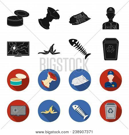 Broken Tv Monitor, Banana Peel, Fish Skeleton, Garbage Bin. Garbage And Trash Set Collection Icons I