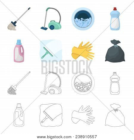 Gel For Washing In A Pink Bottle, Yellow Gloves For Cleaning, A Brush For Glass, A Black Bag For Gar