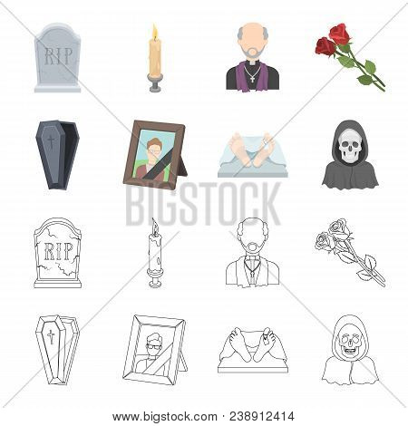 Coffin With A Lid And A Cross, A Photograph Of The Deceased With A Mourning Ribbon, A Corpse On The 