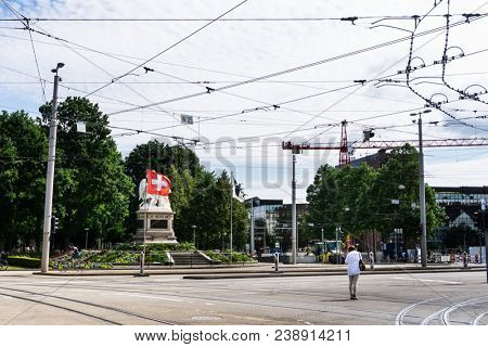BASEL, SWITZERLAND - June 16, 2017: Swiss flag in Basel,Switzerland
