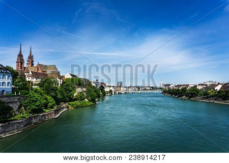BASEL, SWITZERLAND - June 16, 2017: Rhine river in Basel, Switzerland