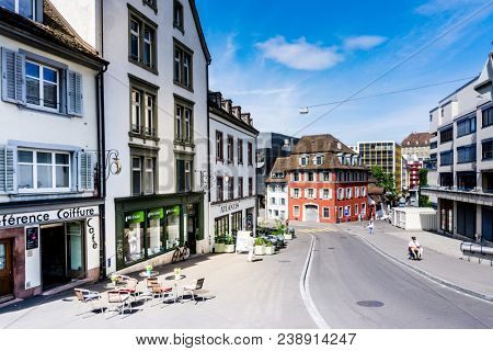BASEL, SWITZERLAND - June 16, 2017: Tourists on foot Graben Street in Basel,Switzerland