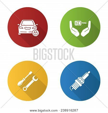Auto Workshop Flat Design Long Shadow Glyph Icons Set. Locked Car, Key In Hands, Screwdriver And Spa