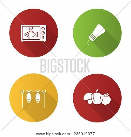 Barbecue Flat Design Long Shadow Glyph Icons Set. Bbq. Grilled Fish In Microwave, Salt Or Pepper Sha