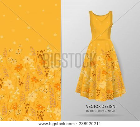 Hand Drawn Floral Pattern On Dress Mockup. Seamless Vector Texture. Elegant Template For Fashion Pri