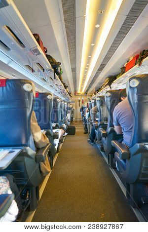 MILAN, ITALY - CIRCA NOVEMBER, 2017: inside high-speed italo train. The Italian railway system is one of the most important parts of the infrastructure of Italy.