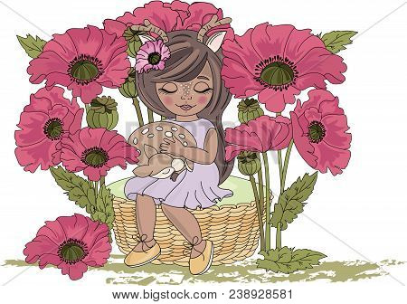 Clip Arts Deer Baby And Girl (color Vector Illustration)