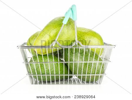 Green Smooth Avocado Group In A Shopping Basket Isolated On White Background Ripe Shiny Bacon Variet