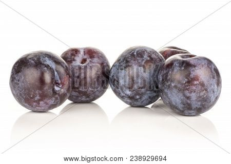 Five Red Blue Plums Isolated On White Background Round Whole Fresh Juicy Fruit