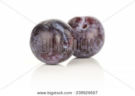 Two Red Blue Plums Isolated On White Background Round Whole Fresh Juicy Fruit
