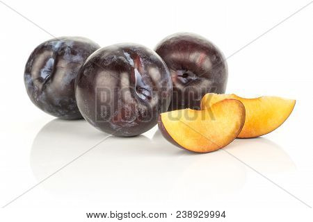 Red Blue Plums Set Three Whole Two Slices Isolated On White Background