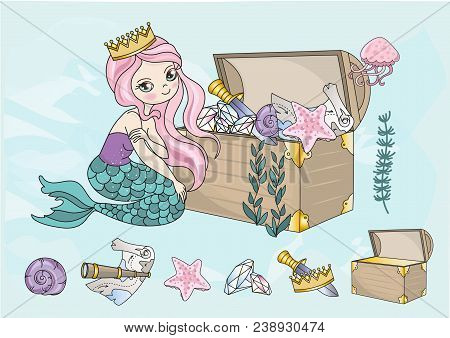 Clip Arts Mermaid Treasures Color Illustration Magic Beautiful Picture Paint Drawing Set Scrapbookin
