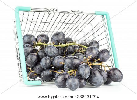 Black Purple Grape Cluster (autumn Royal Variety) In A Shopping Basket Isolated On White Background