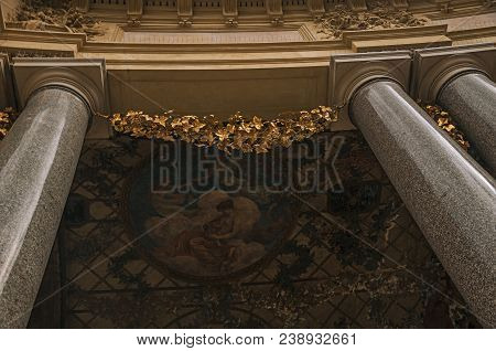 Close-up Of The Far-fetched Decoration Of Arch And Columns At The Petit Palais Courtyard In Paris. K