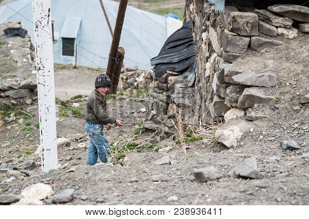 Khinalig, Azerbaijan, April 28, 2018. Local Boy Resident In A High-mountainous Settlement