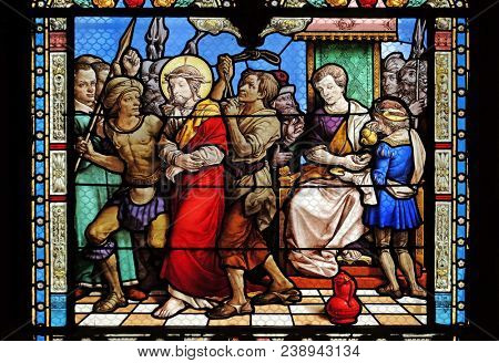 PARIS, FRANCE - JANUARY 10: 1st Stations of the Cross, Jesus is condemned to death, stained glass window in the Saint Eugene - Saint Cecilia Church, Paris, France on January 10, 2018.