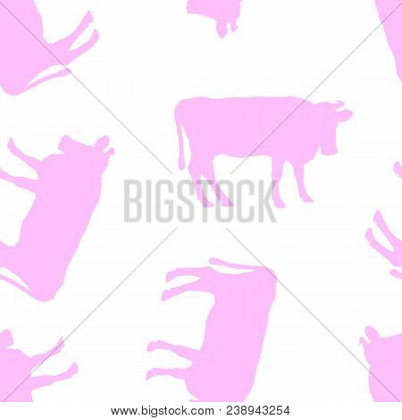 Seamless Pattern. Silhouette Of A Pink Cow On A White Background.