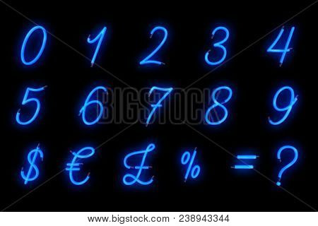 Neon Font Blue Alphabet Number Numeric Word Text Series Symbol Sign On Black Background, Neon Numeri