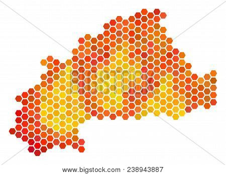 Burkina Faso Map. Vector Hex Tile Geographic Plan Using Flame Color Tones. Impressive Burkina Faso M