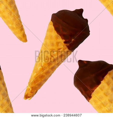Seamless Pattern. Ice Cream Waffle Horn In Chocolate Glaze.