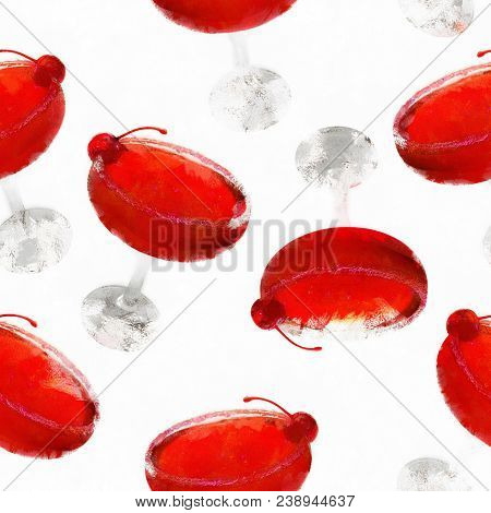 Seamless Pattern. Red Cocktail In A Glass.