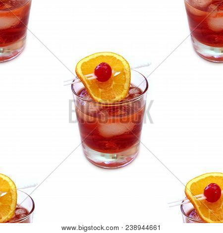 Seamless Pattern. Red Mixed Drink With Ice, Cherry And Orange Slice.