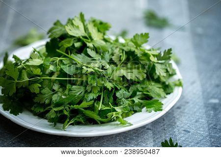 Leaves Of Washed Parsley On A Plate