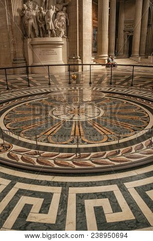 Paris, Northern France - July 12, 2017. View Of The Famous Foucault Pendulum Copper Ball Swinging In