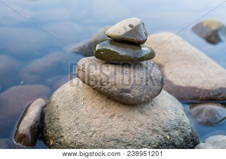 Great Concept Of Spiruality, Tranquility And Meditation, Land Art With Stones In Waterfall.