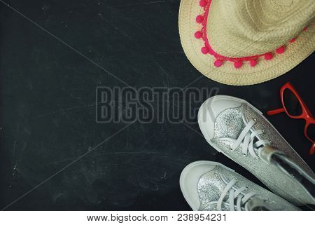 Sport Boots Children Chalkcs Chalkboard Textured Background Copy Space.