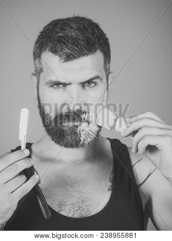 Barber And Hairdresser. Haircut Of Bearded Man, Archaism. Man Cut Beard And Mustache With Razor And 