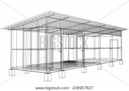 Household Building Project. Vector Rendering Of 3d. Wire-frame Style. The Layers Of Visible And Invi