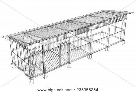 Household Building Project. Vector Rendering Of 3d. Wire-frame Style. The Layers Of Visible And Invi