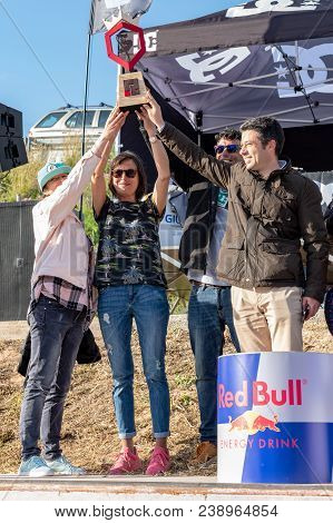 LOULE, PORTUGAL - APRIL 29, 2018: Representatives of the Radical Skate Club receiving a trophy from the president of the municipal chamber of Loule during the 1st Stage DC Skate Challenge by Moche.