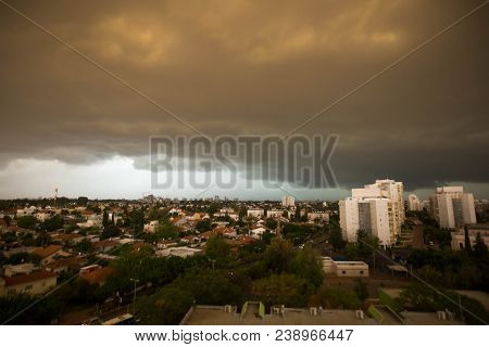 Rishon Le Zion, Israel -april 25, 2018: Dark Clouds Asperatus Before The Storm Over The City.