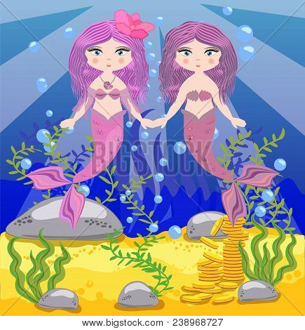 Vector Background With An Underwater World In A Children's Style. A Mermaid Is Sitting On A Rock.