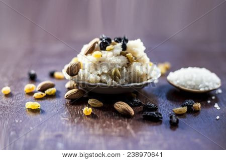 Popular Indian And Asian Dessert Suji Ka Halwa Or Rava With Organic Almonds, Cashews And Black & Gol