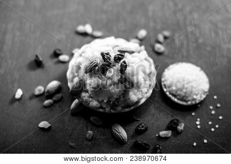 Popular Indian And Asian Dessert Suji Ka Halwa Or Rava With Organic Almonds, Cashews And Black & Gol