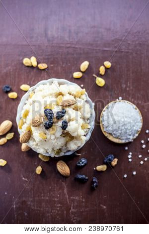Popular Indian And Asian Dessert Suji Ka Halwa Or Rava With Organic Almonds, Cashews And Black & Gol