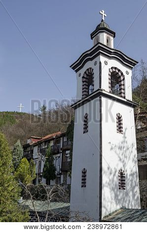 Blagoevgrad, Bulgaria - March 17, 2018: Ancient Residential District And Bell Tower With Authentic A