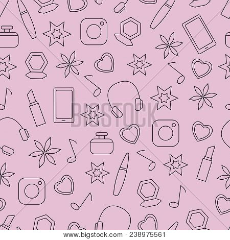 Girl's Items Seamless Vector Pattern. Makeup Products, Lipstick, Mascara, Music Note, Headphone, Mob