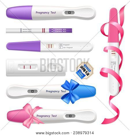 Pregnancy Tests Digital And 2 Lines Kits  Realistic Collection With Blue And Pink Ribbons Isolated V