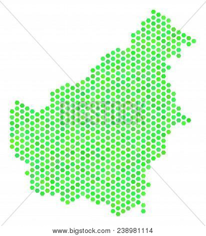 Green Borneo Island Map. Vector Honeycomb Territorial Plan Using Fresh Green Color Hues. Abstract Bo