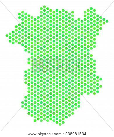 Green Chechnya Map. Vector Honeycomb Geographic Plan In Green Color Tints. Abstract Chechnya Map Com