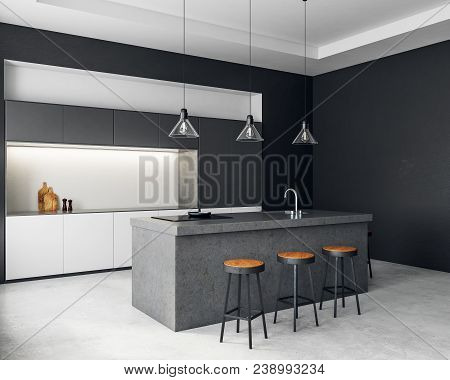 Contemporary Dark Kitchen Interior With Furniture And Equipment. Style And Design Concept. 3d Render