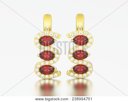 3d Illustration Gold Red Ruby Earrings With Hinged Lock On A Gray Background