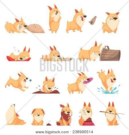 Cartoon Cute Puppy Set Of Different Situations Including Sleep, Eating, Howl, Walking And Pranks Iso